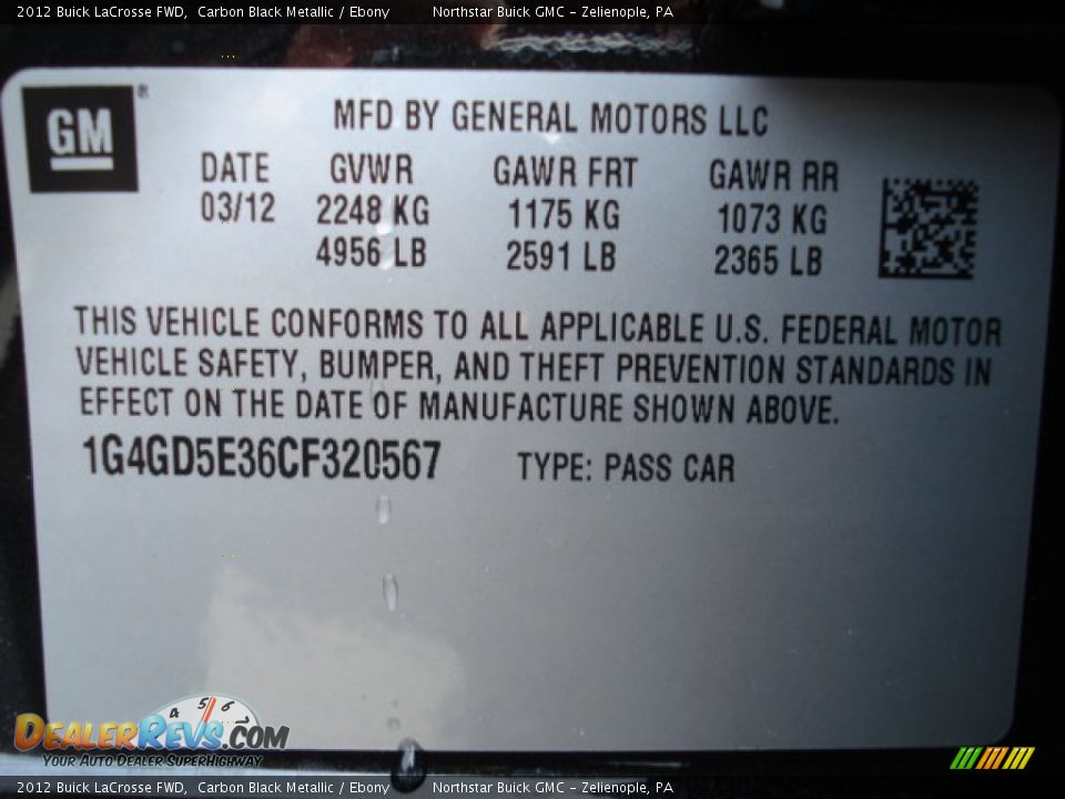 2012 Buick LaCrosse FWD Carbon Black Metallic / Ebony Photo #20