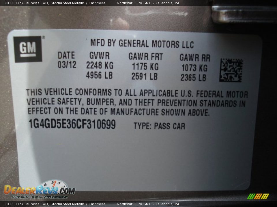 2012 Buick LaCrosse FWD Mocha Steel Metallic / Cashmere Photo #20