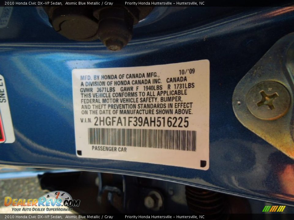 2010 Honda Civic DX-VP Sedan Atomic Blue Metallic / Gray Photo #7