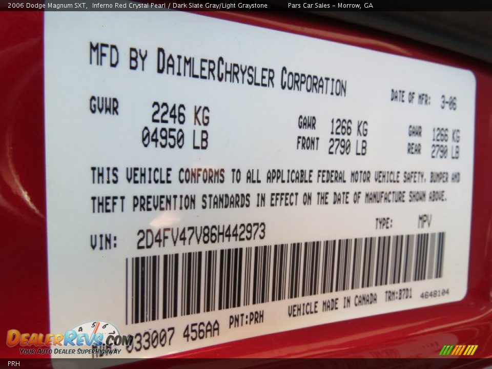 Dodge Color Code PRH Inferno Red Crystal Pearl