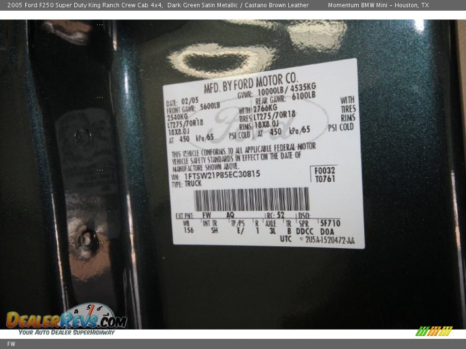 Ford Color Code FW Dark Green Satin Metallic