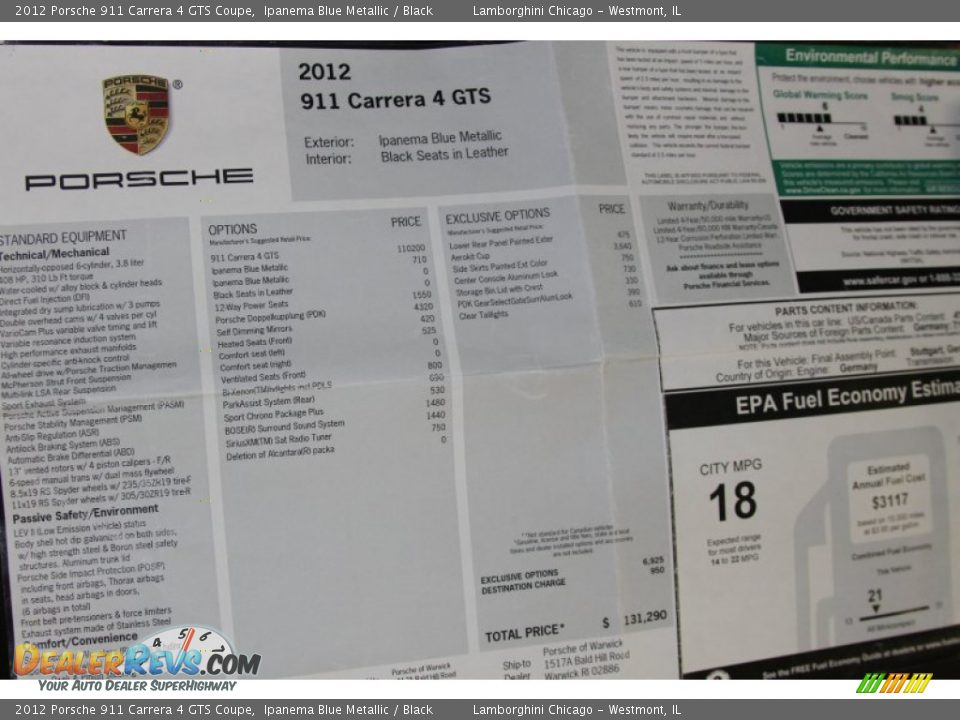 2012 Porsche 911 Carrera 4 GTS Coupe Window Sticker Photo #10