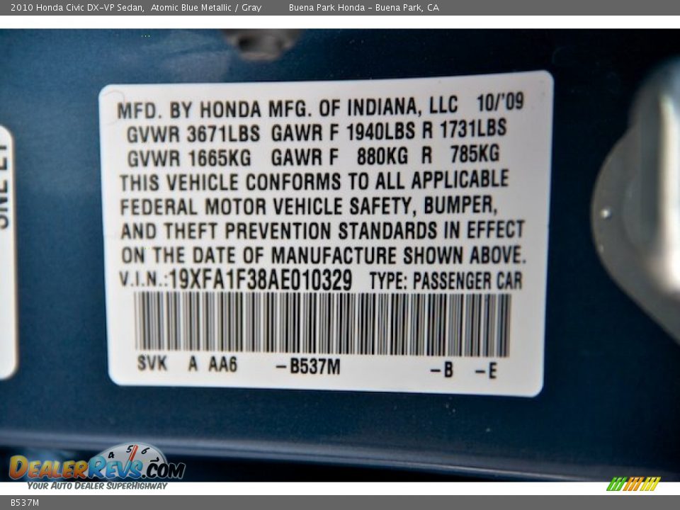 Honda Color Code B537M Atomic Blue Metallic