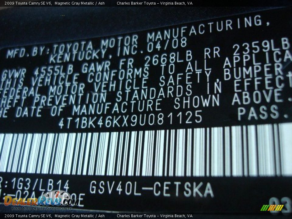 2009 Toyota Camry SE V6 Magnetic Gray Metallic / Ash Photo #26