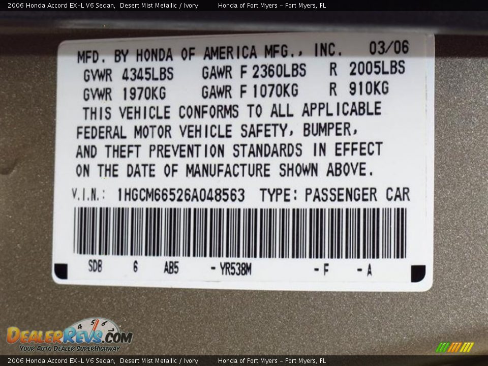 2006 Honda Accord EX-L V6 Sedan Desert Mist Metallic / Ivory Photo #15
