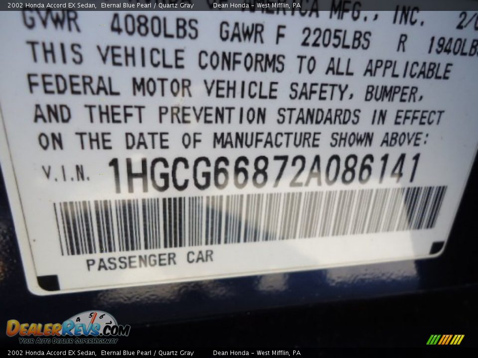 2002 Honda Accord EX Sedan Eternal Blue Pearl / Quartz Gray Photo #17