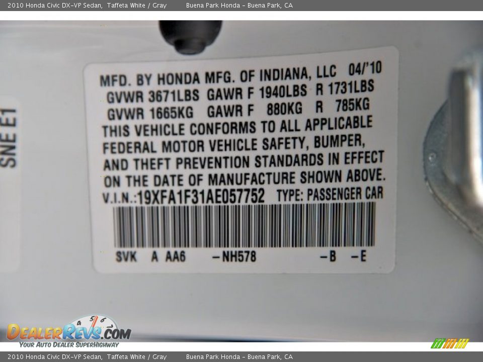 2010 Honda Civic DX-VP Sedan Taffeta White / Gray Photo #33