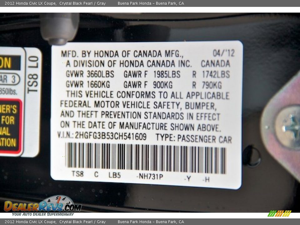 2012 Honda Civic LX Coupe Crystal Black Pearl / Gray Photo #15