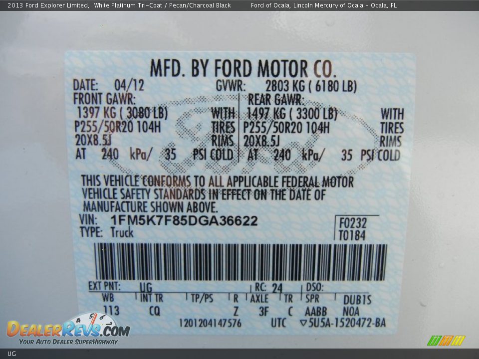 Ford Color Code UG White Platinum Tri-Coat