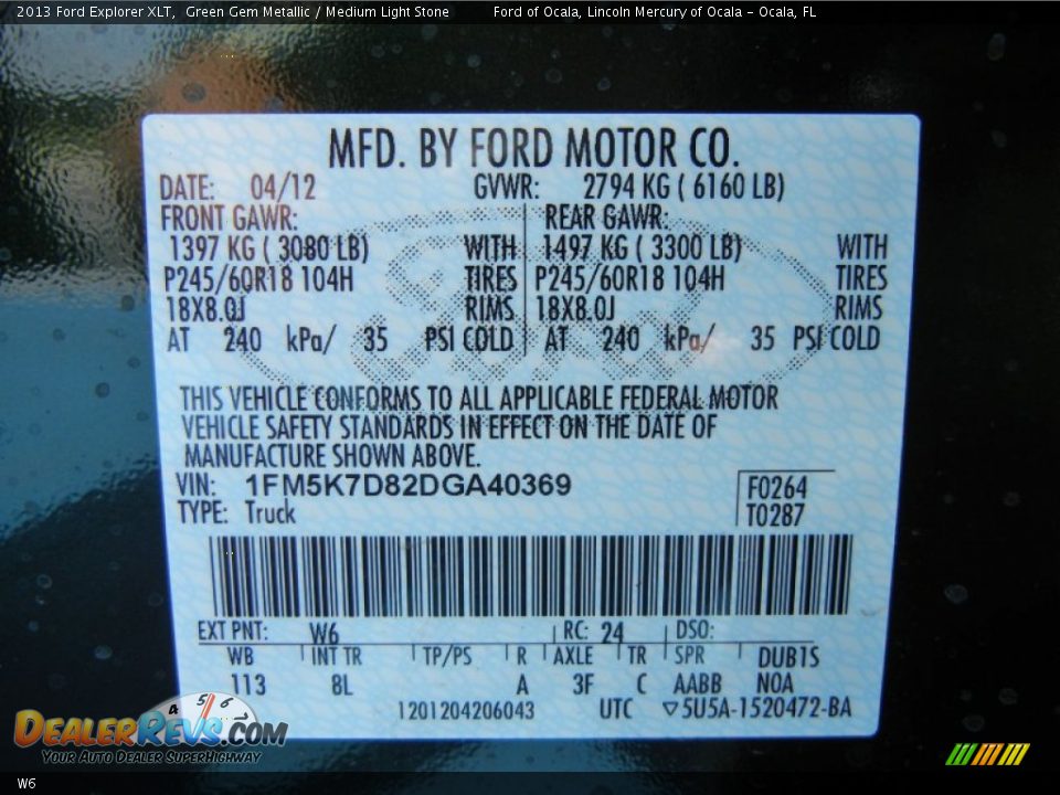 Ford Color Code W6 Green Gem Metallic