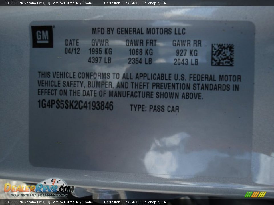 2012 Buick Verano FWD Quicksilver Metallic / Ebony Photo #20
