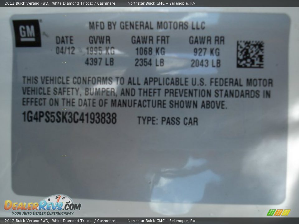 2012 Buick Verano FWD White Diamond Tricoat / Cashmere Photo #20