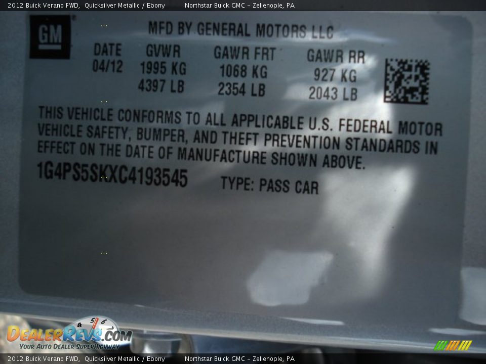 2012 Buick Verano FWD Quicksilver Metallic / Ebony Photo #20