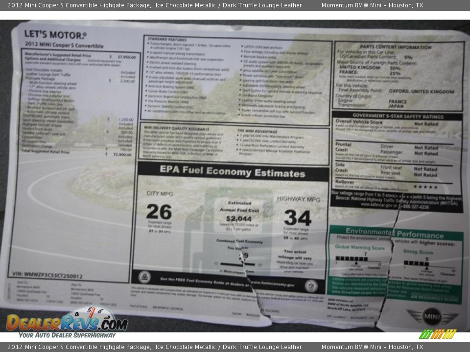 2012 Mini Cooper S Convertible Highgate Package Window Sticker Photo #24