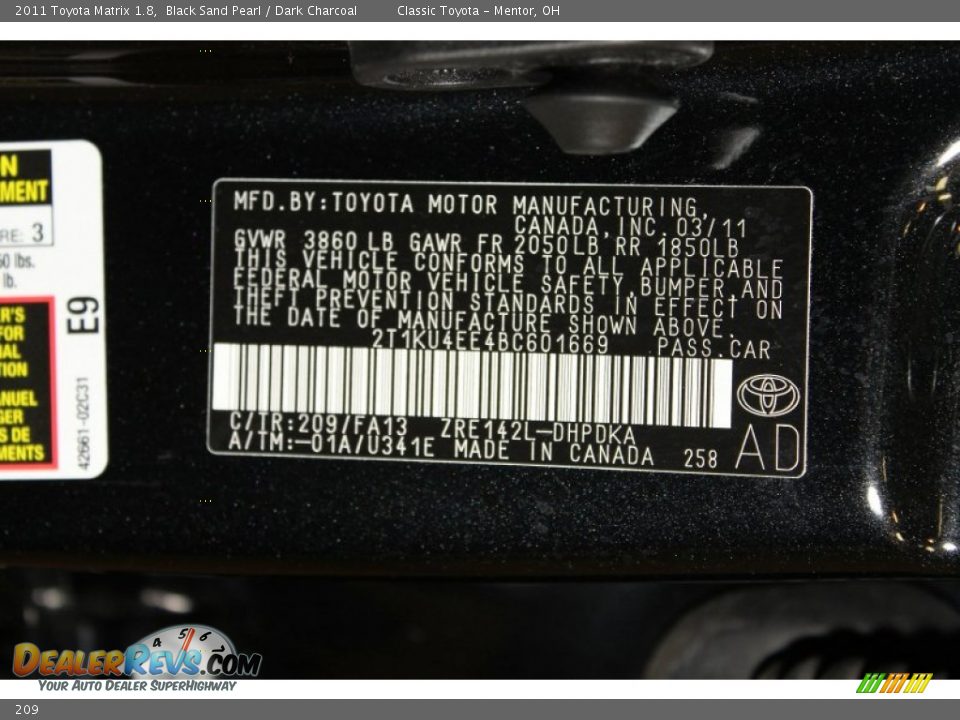 Toyota Color Code 209 Black Sand Pearl