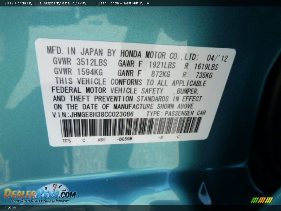 Honda Color Code BG59M Blue Raspberry Metallic