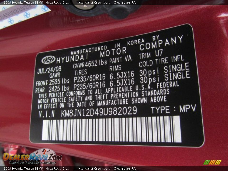 2009 Hyundai Tucson SE V6 Mesa Red / Gray Photo #23
