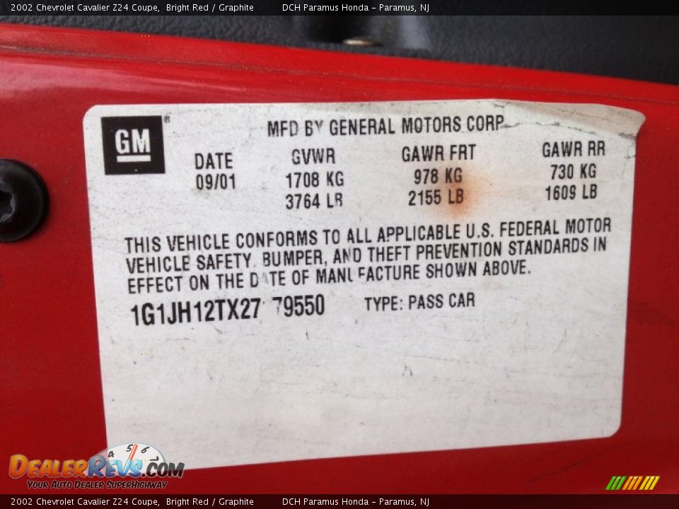 Info Tag of 2002 Chevrolet Cavalier Z24 Coupe Photo #27