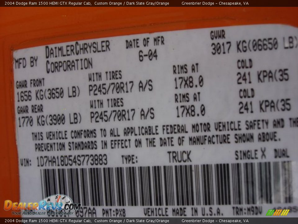 2004 Dodge Ram 1500 HEMI GTX Regular Cab Custom Orange / Dark Slate Gray/Orange Photo #26