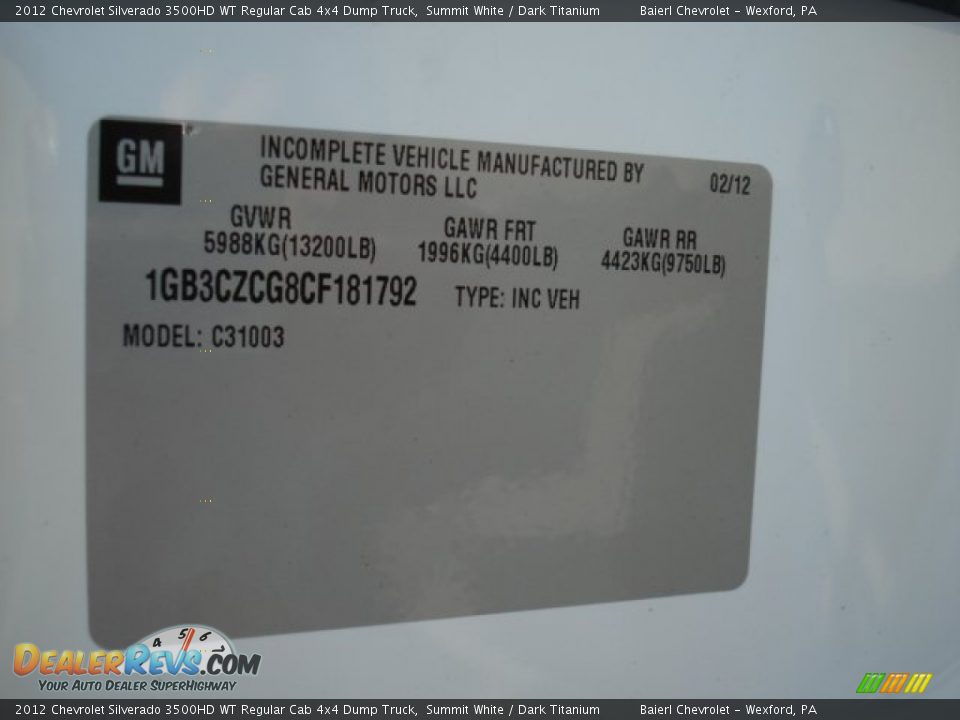2012 Chevrolet Silverado 3500HD WT Regular Cab 4x4 Dump Truck Summit White / Dark Titanium Photo #20