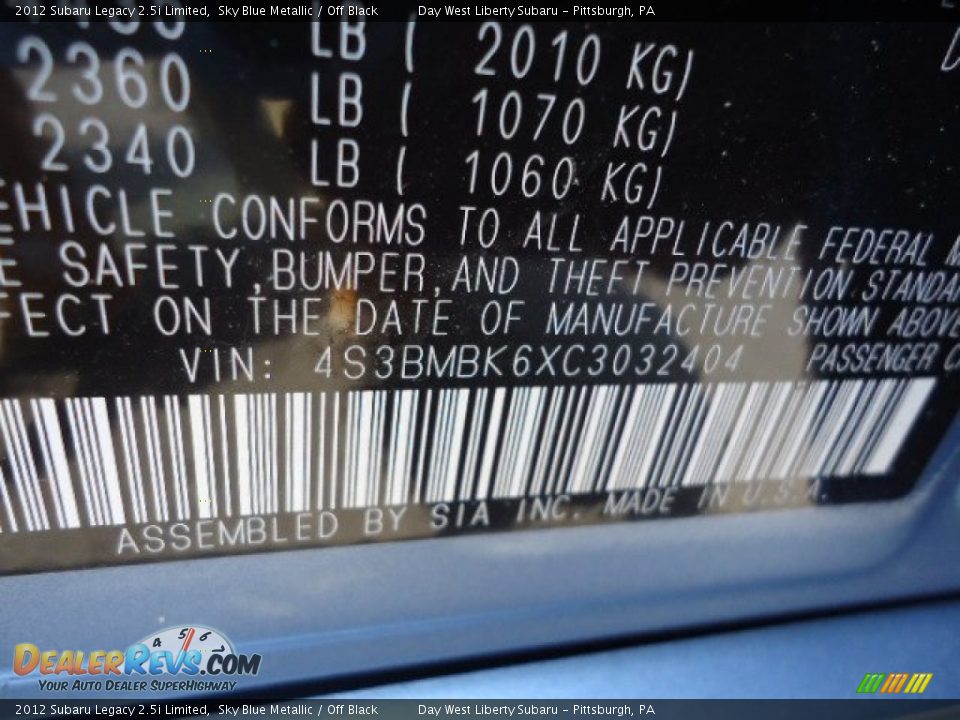 2012 Subaru Legacy 2.5i Limited Sky Blue Metallic / Off Black Photo #13