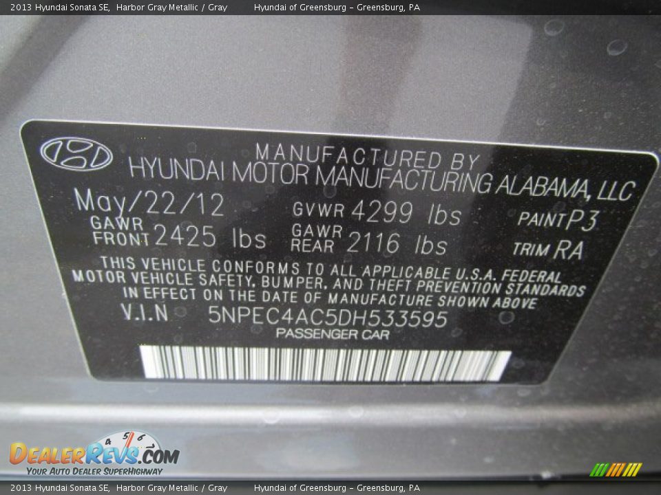 2013 Hyundai Sonata SE Harbor Gray Metallic / Gray Photo #10
