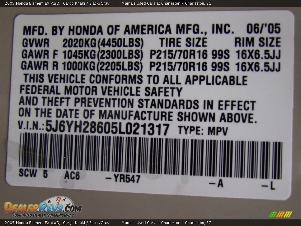 2005 Honda Element EX AWD Cargo Khaki / Black/Gray Photo #26