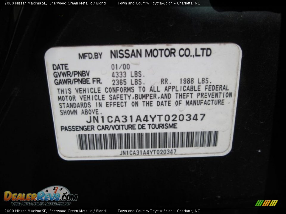 2000 Nissan Maxima SE Sherwood Green Metallic / Blond Photo #9