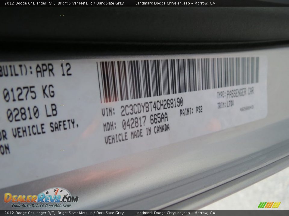 2012 Dodge Challenger R/T Bright Silver Metallic / Dark Slate Gray Photo #11