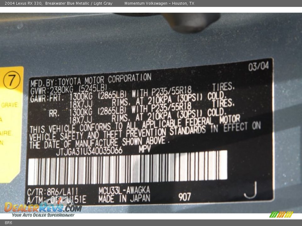 Lexus Color Code 8r6 Breakwater Blue Metallic Dealerrevs Com