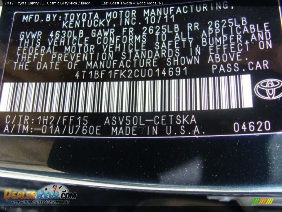 Toyota Color Code 1H2 Cosmic Gray Mica