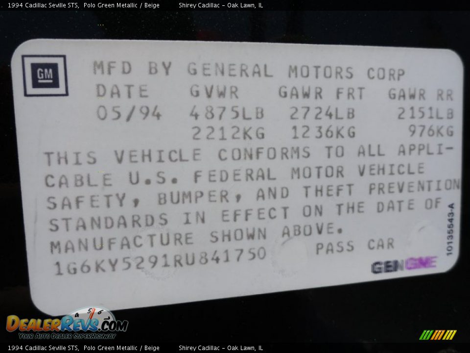 Info Tag of 1994 Cadillac Seville STS Photo #15