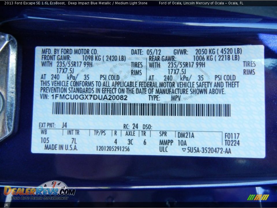 Ford Color Code J4 Deep Impact Blue Metallic