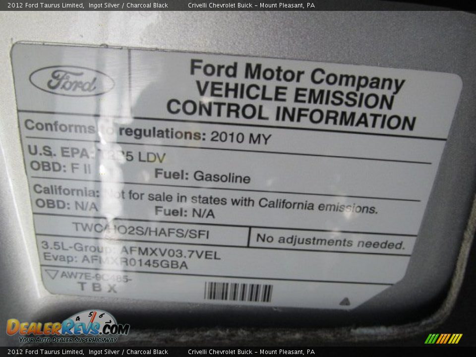 2012 Ford Taurus Limited Ingot Silver / Charcoal Black Photo #11