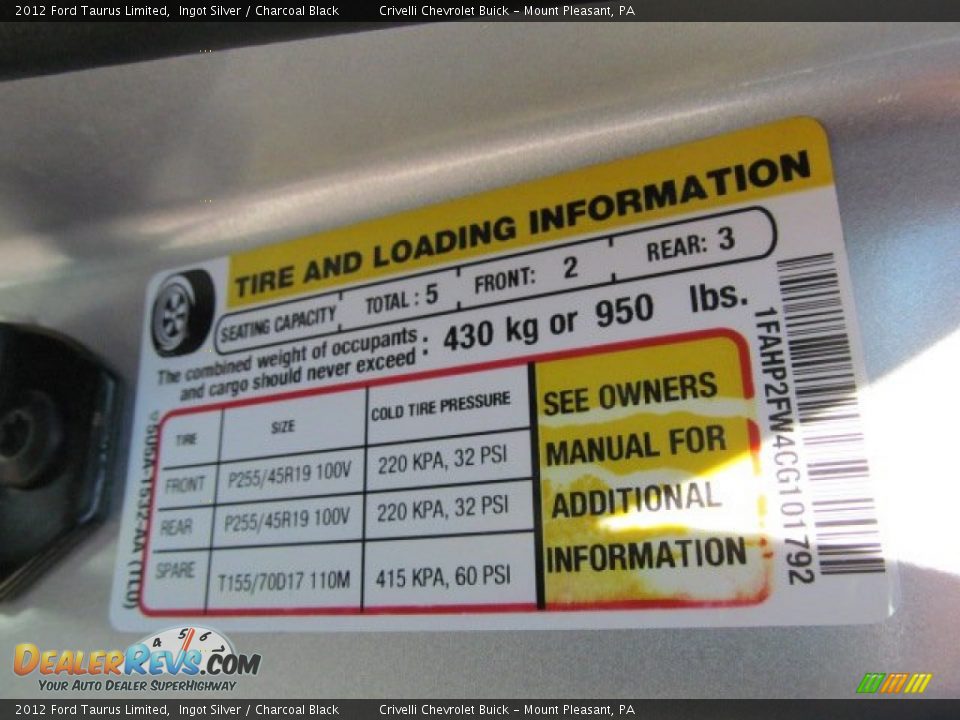 2012 Ford Taurus Limited Ingot Silver / Charcoal Black Photo #28
