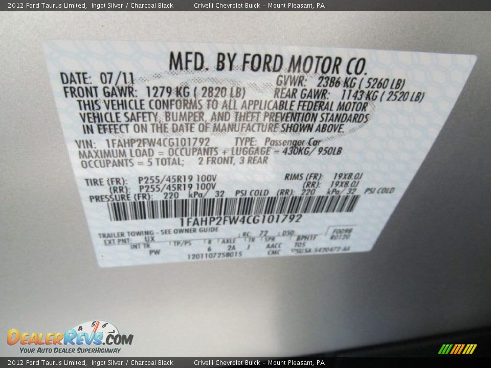 2012 Ford Taurus Limited Ingot Silver / Charcoal Black Photo #29
