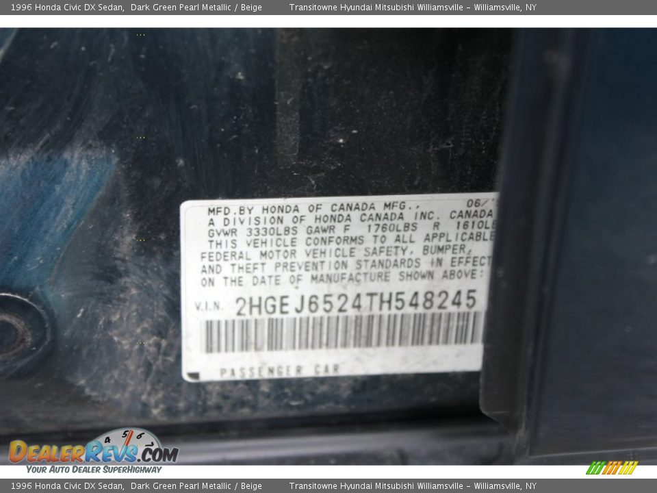 1996 Honda Civic DX Sedan Dark Green Pearl Metallic / Beige Photo #17