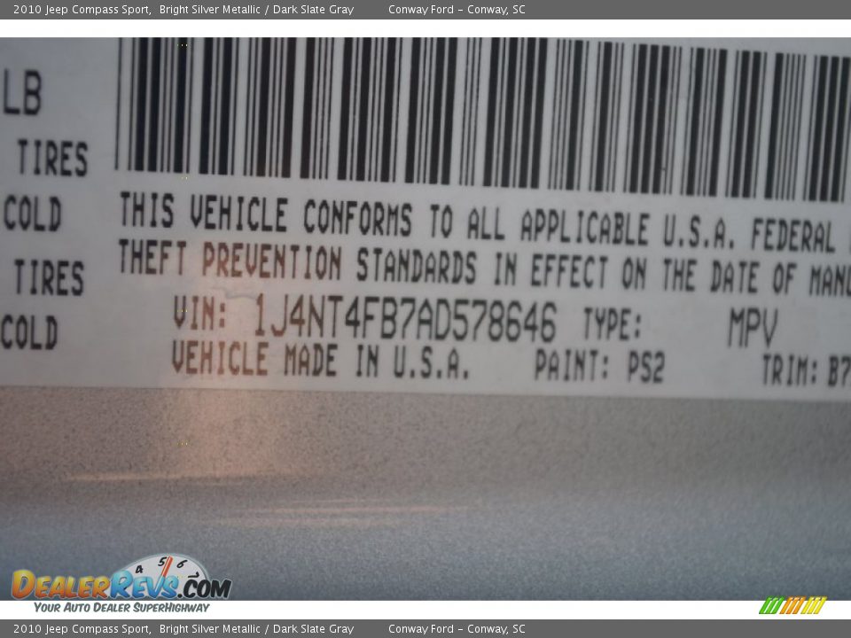 2010 Jeep Compass Sport Bright Silver Metallic / Dark Slate Gray Photo #26