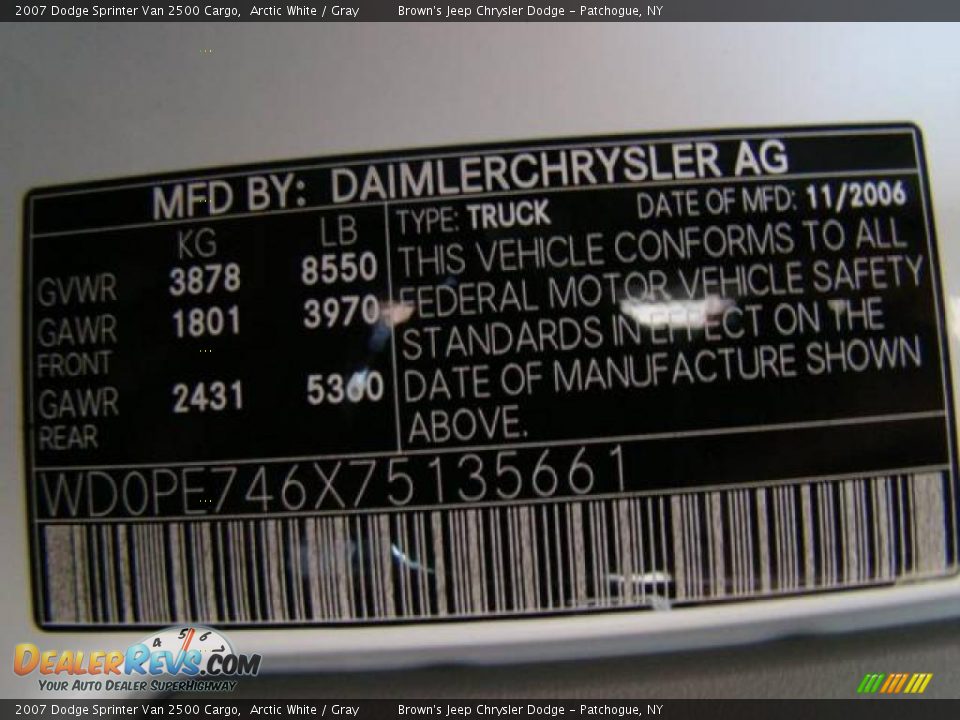 2007 Dodge Sprinter Van 2500 Cargo Arctic White / Gray Photo #15