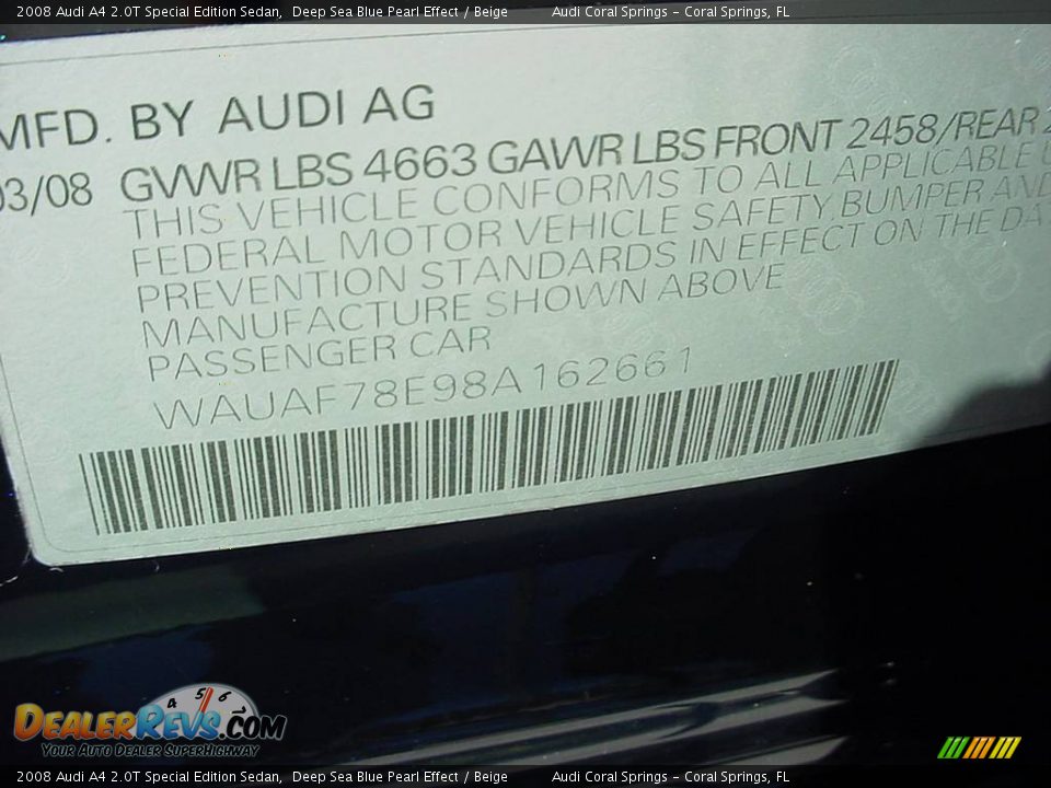 2008 Audi A4 2.0T Special Edition Sedan Deep Sea Blue Pearl Effect / Beige Photo #17