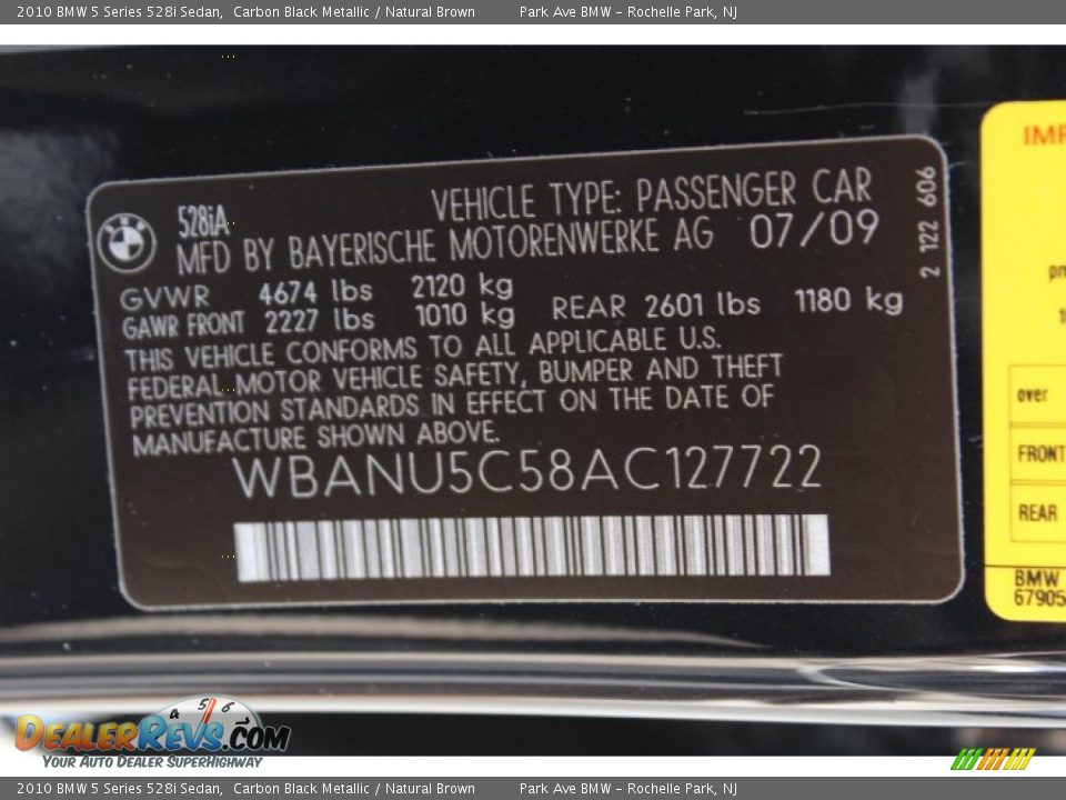 2010 BMW 5 Series 528i Sedan Carbon Black Metallic / Natural Brown Photo #33