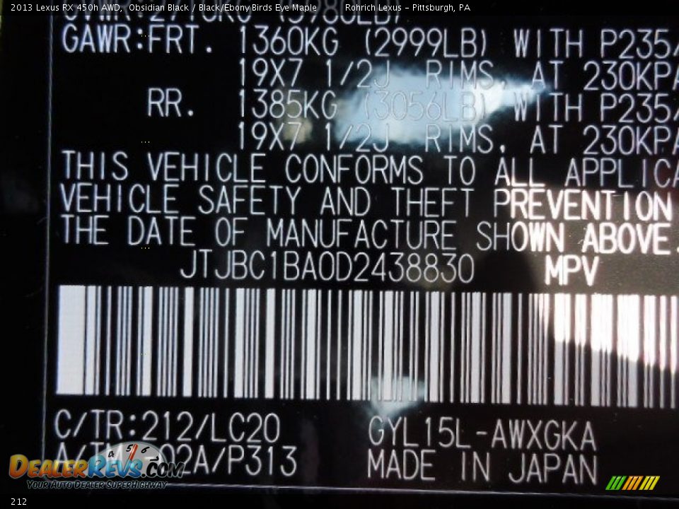 Lexus Color Code 212 Obsidian Black