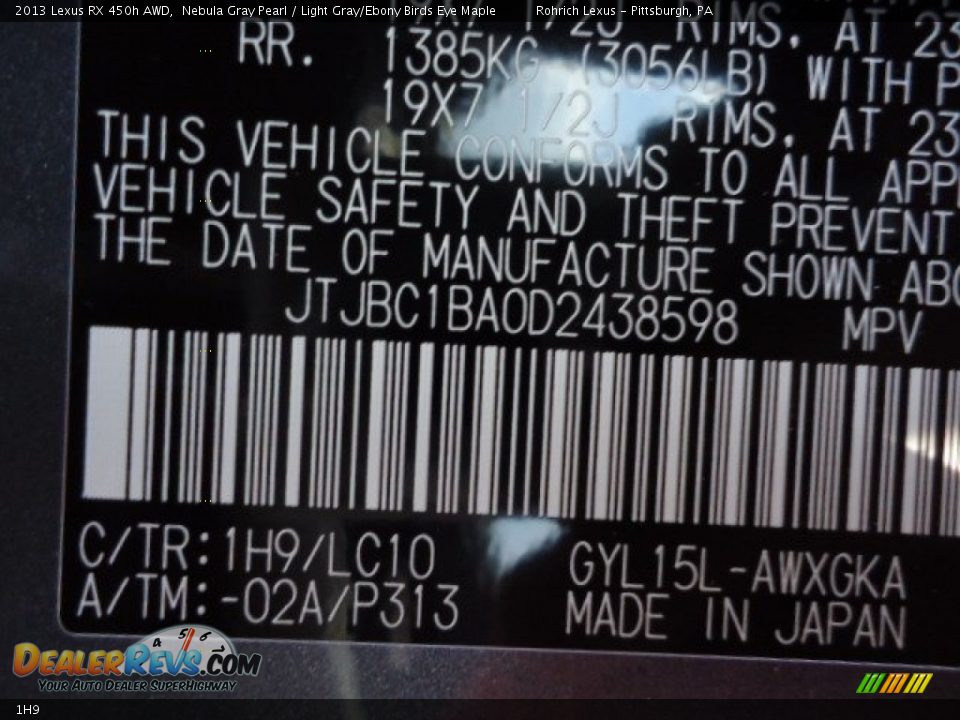 Lexus Color Code 1H9 Nebula Gray Pearl