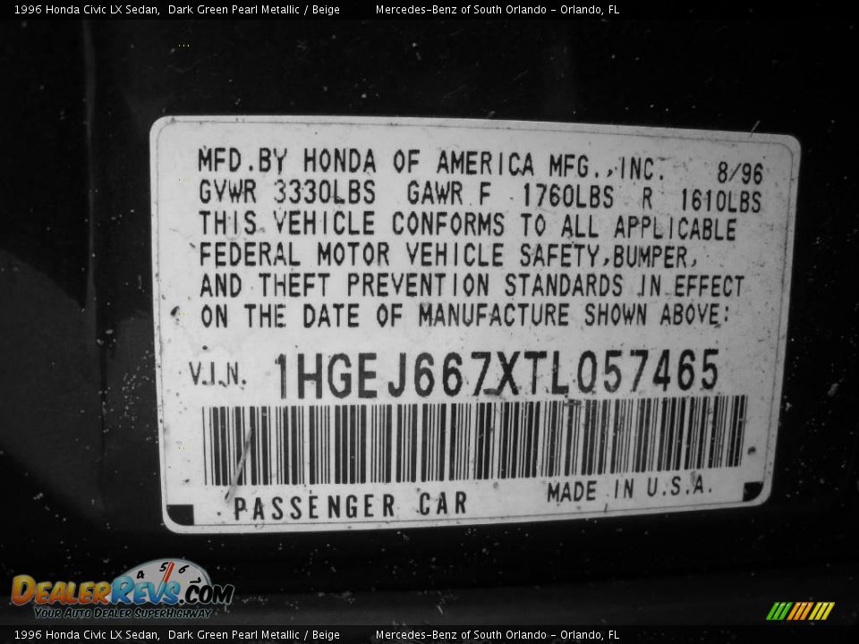 1996 Honda Civic LX Sedan Dark Green Pearl Metallic / Beige Photo #24