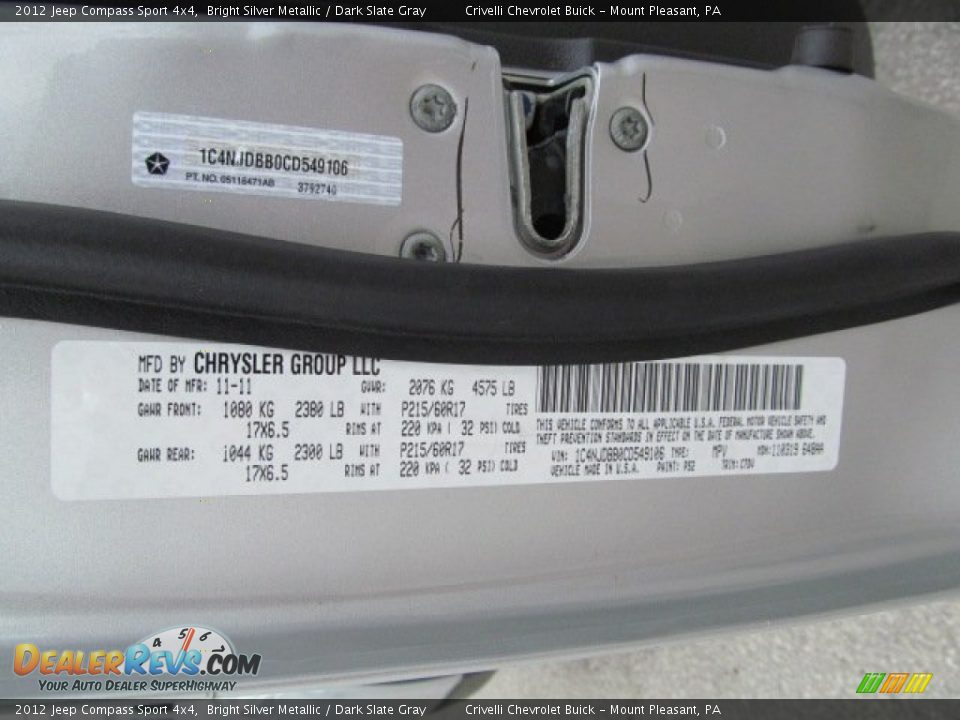 2012 Jeep Compass Sport 4x4 Bright Silver Metallic / Dark Slate Gray Photo #24