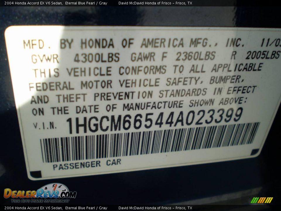 2004 Honda Accord EX V6 Sedan Eternal Blue Pearl / Gray Photo #14