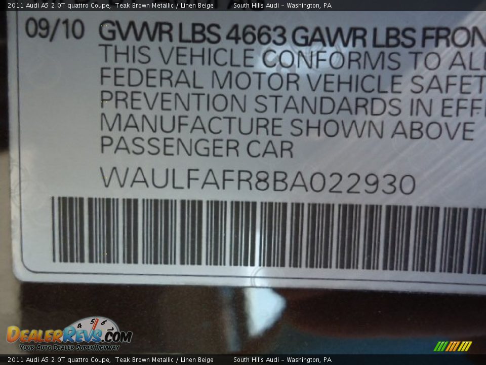 2011 Audi A5 2.0T quattro Coupe Teak Brown Metallic / Linen Beige Photo #17