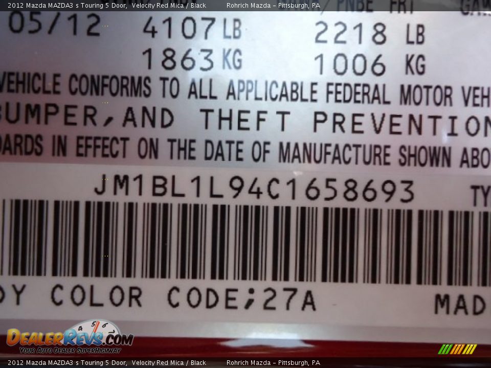 2012 Mazda MAZDA3 s Touring 5 Door Velocity Red Mica / Black Photo #17