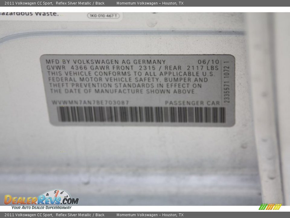 2011 Volkswagen CC Sport Reflex Silver Metallic / Black Photo #16