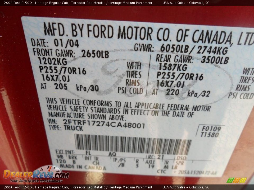 2004 Ford F150 XL Heritage Regular Cab Toreador Red Metallic / Heritage Medium Parchment Photo #15